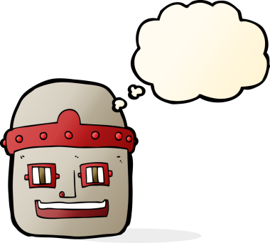 Bir insan tarafından çizilmiş düşünce baloncuklu robot kafası.