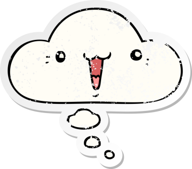 Düşünce baloncuğu olan sevimli çizgi film yüzü bir insan tarafından çizilmiş yıpranmış bir çıkartma gibi.