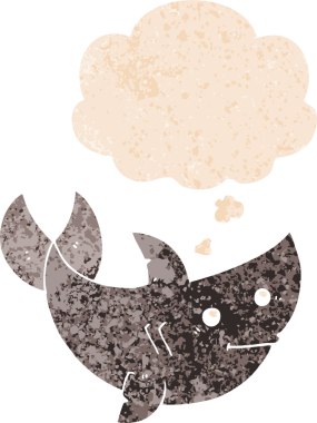 Düşünce baloncuğu ve grunge ile çizgi film köpekbalığı bir insan tarafından çizilmiş desenli sıkıntılı retro