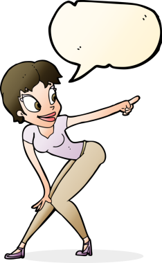 Bir insan tarafından çizilmiş konuşma baloncuğuyla işaret eden güzel bir kadın.