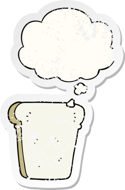 Düşünce baloncuklu bir ekmek dilimi insan tarafından çizilmiş yıpranmış bir çıkartma gibi.