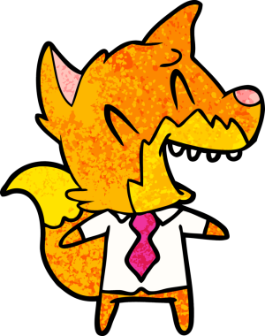 Bir insan tarafından çizilmiş gömlekli ve kravatlı gülen tilki.