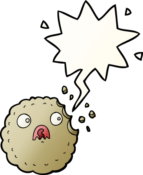 Korkmuş kurabiye karikatürü, konuşma baloncuğu bir insan tarafından çizilmiş düzgün bir gradyan tarzla.