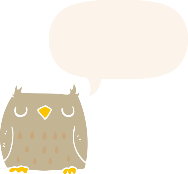 Bir insan tarafından çizilmiş konuşma baloncuğu olan sevimli çizgi film baykuşu.