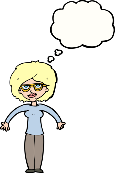 Bir insan tarafından çizilmiş düşünce baloncuğuyla omuz silken çizgi film kadını.