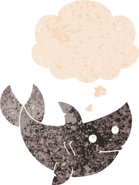 Düşünce baloncuğu ve grunge ile çizgi film köpekbalığı bir insan tarafından çizilmiş desenli sıkıntılı retro