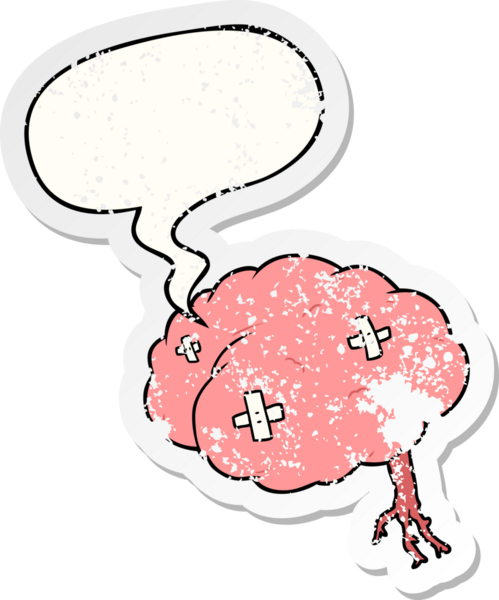 Konuşma baloncuğuyla yaralanmış bir karikatür insan tarafından çizilmiş sıkıntılı eski bir çıkartma.