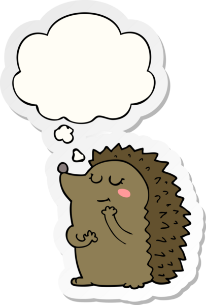 Düşünce baloncuklu şirin kirpi çizgi film karakteri bir insan tarafından çizilmiş çıkartma gibi.