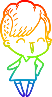 Gökkuşağı gradyan çizgisi mutlu çizgi film hipster kızı bir insan tarafından çizilmiş.