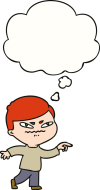 Bir insan tarafından çizilmiş düşünce baloncuğuyla işaret eden kızgın adam çizgi filmi.