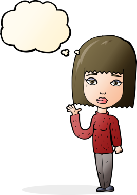 Bir insan tarafından çizilmiş düşünce baloncuğuyla el sallayan çizgi film kadını.