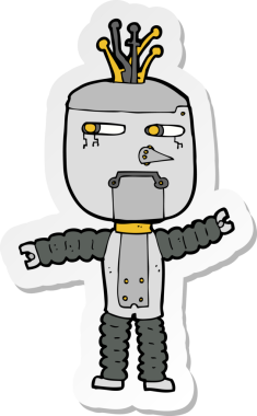 Bir insan tarafından çizilmiş robot sallayan bir çizgi film çıkartması.