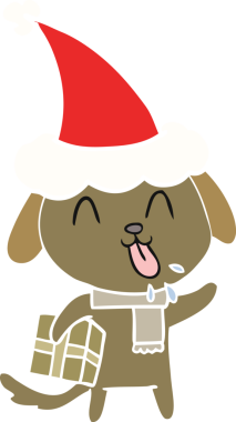 Noel hediyesi olan ve Noel Baba şapkası takan bir köpek resmi çizilmiş.