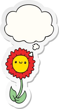 Düşünce baloncuklu karikatür çiçeği insan tarafından çizilmiş bir çıkartma gibi.