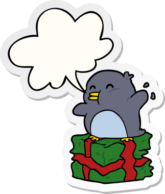 Bir insan tarafından çizilmiş konuşma kabarcığı çıkartmasıyla sarılmış penguen çizgi filmi.