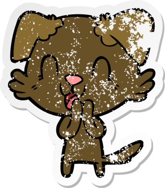 Bir insan tarafından çizilmiş, gülen bir köpeğin sıkıntılı çıkartması.