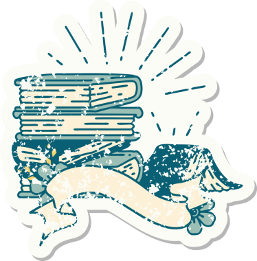 Bir insan tarafından çizilmiş eski dövme stili bir kitap yığını.