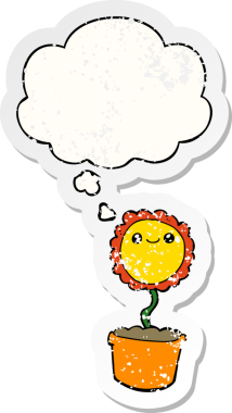 Düşünce baloncuğu olan karikatür çiçeği insan tarafından çizilmiş yıpranmış bir çıkartma gibi.