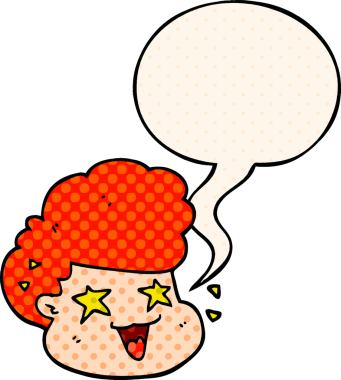 Çizgi roman tarzında konuşan heyecanlı çocuk bir insan tarafından çizilmiş.