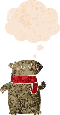 Düşünce baloncuklu eşarplı çizgi film ayısı grunge sıkıntılı retro desenli bir insan tarafından çizilmiş