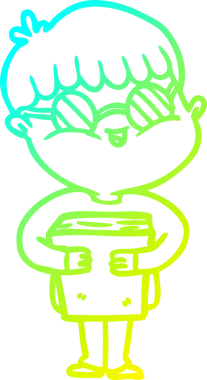 Bir insan tarafından çizilmiş kitap taşıyan gözlüklü bir çizgi film karakteri.