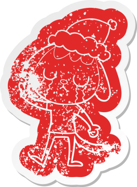 Sevimli karikatür hüzünlü bir köpek çıkartması Noel Baba şapkası giymiş bir insan tarafından çizilmiş.