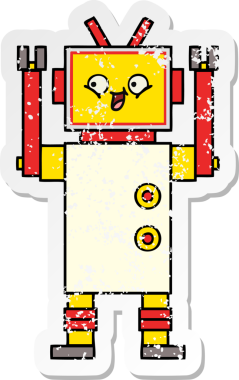 Bir insan tarafından çizilmiş sevimli bir robot çizgi film çıkartması.