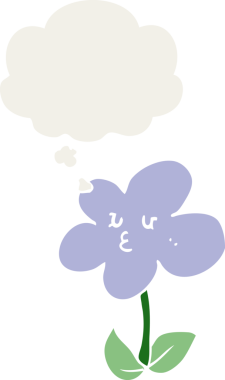 Düşünce baloncuğu olan karikatür çiçeği insan tarafından çizilmiş.