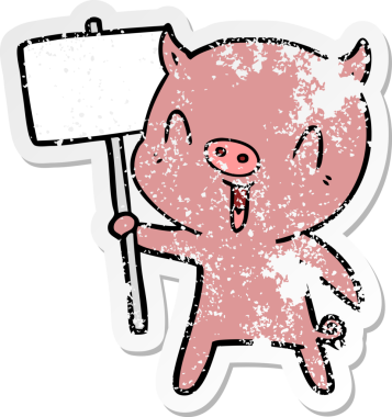 Bir insan tarafından çizilmiş tabela direği olan mutlu bir domuzun sıkıntılı çıkartması.