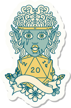 Bir insan tarafından çizilmiş doğal 20 zar atımlı barbar bir elf karakterinin çıkartması.