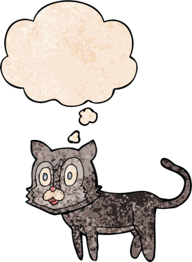 Bir insan tarafından çizilmiş grunge desenli düşünce baloncuklu mutlu çizgi film kedisi.