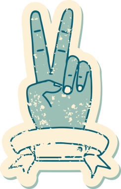 Bir barışın grunge sticker 'ı. Bir insan tarafından çizilmiş iki parmak hareketi.