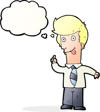 Bir insan tarafından çizilmiş düşünce baloncuğuyla çılgın bir fikri olan bir ofis adamı.