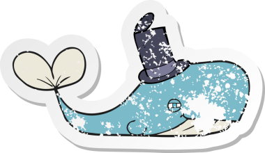 Bir insan tarafından çizilmiş şapkalı bir balinanın gerilimli çıkartması.