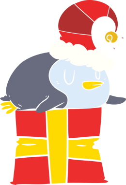 Bir insan tarafından çizilmiş bir noel şapkası giyen düz renkli penguen.