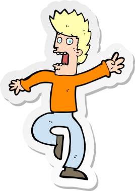 Çizgi film çıkartması. Bir insan tarafından çizilmiş korkmuş bir adam.