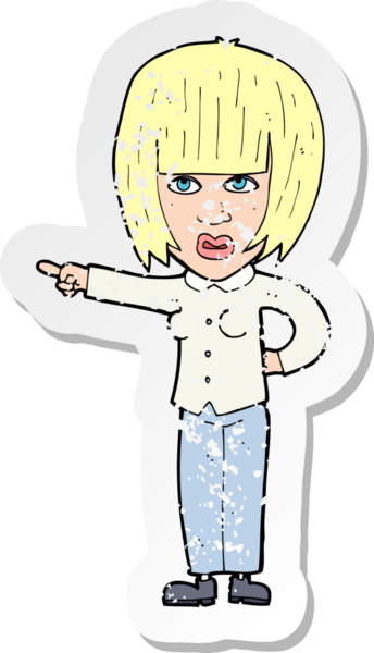 Bir insan tarafından çizilmiş kızgın bir kadını işaret eden karikatürün gerilimli yapıştırması.