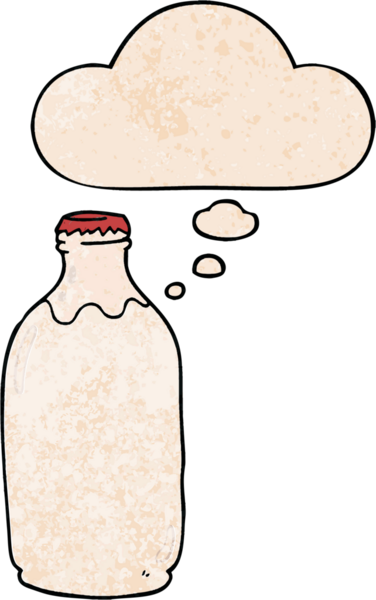 Düşünce baloncuğu olan çizgi film sütü şişesi. Bir insan tarafından çizilmiş grunge desenli.