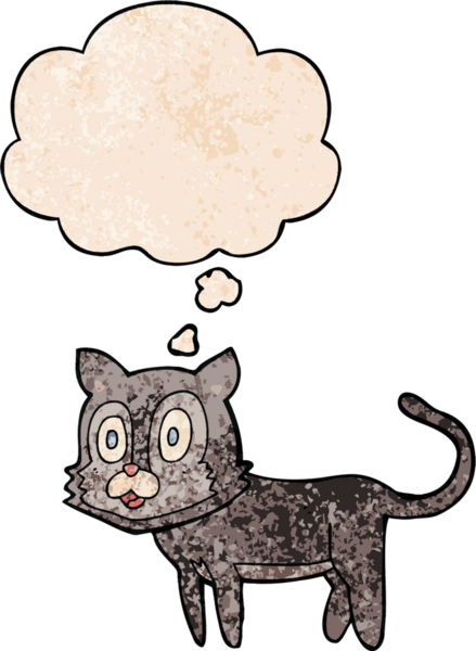 Bir insan tarafından çizilmiş grunge desenli düşünce baloncuklu mutlu çizgi film kedisi.