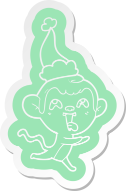 Bir insan tarafından çizilmiş Noel Baba şapkasıyla koşan bir maymunun çılgın çizgi film çıkartması.