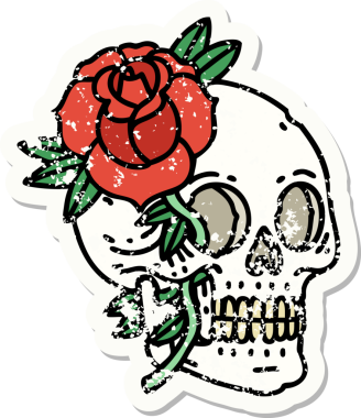 Geleneksel bir kafatası stili ve bir insan tarafından çizilmiş gül dövmesi.