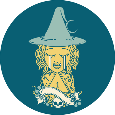 Retro Dövme Tarzı Ağlama Yarı Ork Cadı Karakteri Yüzü Doğal Bir D20 zar bir insan tarafından çizilmiş