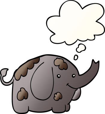 Bir insan tarafından çizilmiş, düşünce baloncuklu çizgi film fili.