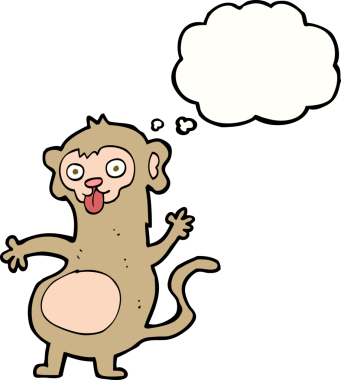 Bir insan tarafından çizilmiş düşünce baloncuklu komik çizgi maymun.