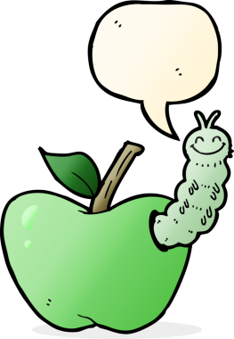 bir insan tarafından çizilmiş konuşma balonlu bir böcek ile çizgi film elması