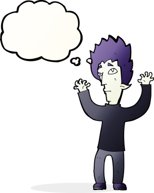 Bir insan tarafından çizilmiş düşünce baloncuğuyla pes eden vampir çizgi filmi.