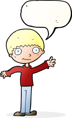 Bir insan tarafından çizilmiş konuşma balonu olan mutlu, el sallayan bir çocuk.