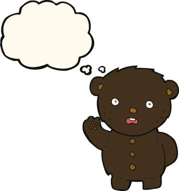 Bir insan tarafından çizilmiş düşünce baloncuğu olan mutsuz siyah oyuncak ayı.