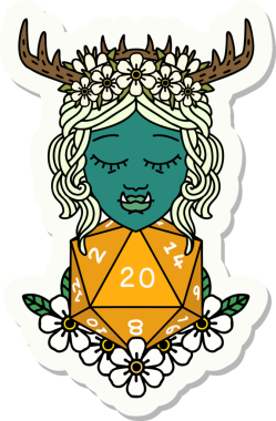 Bir insan tarafından çizilmiş 20 zarlı yarı ork Druid çıkartması.