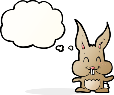Bir insan tarafından çizilmiş düşünce kabarcığı olan çizgi film tavşanı.